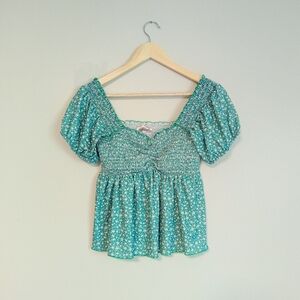 Willow + Root Smocked Green Floral Top